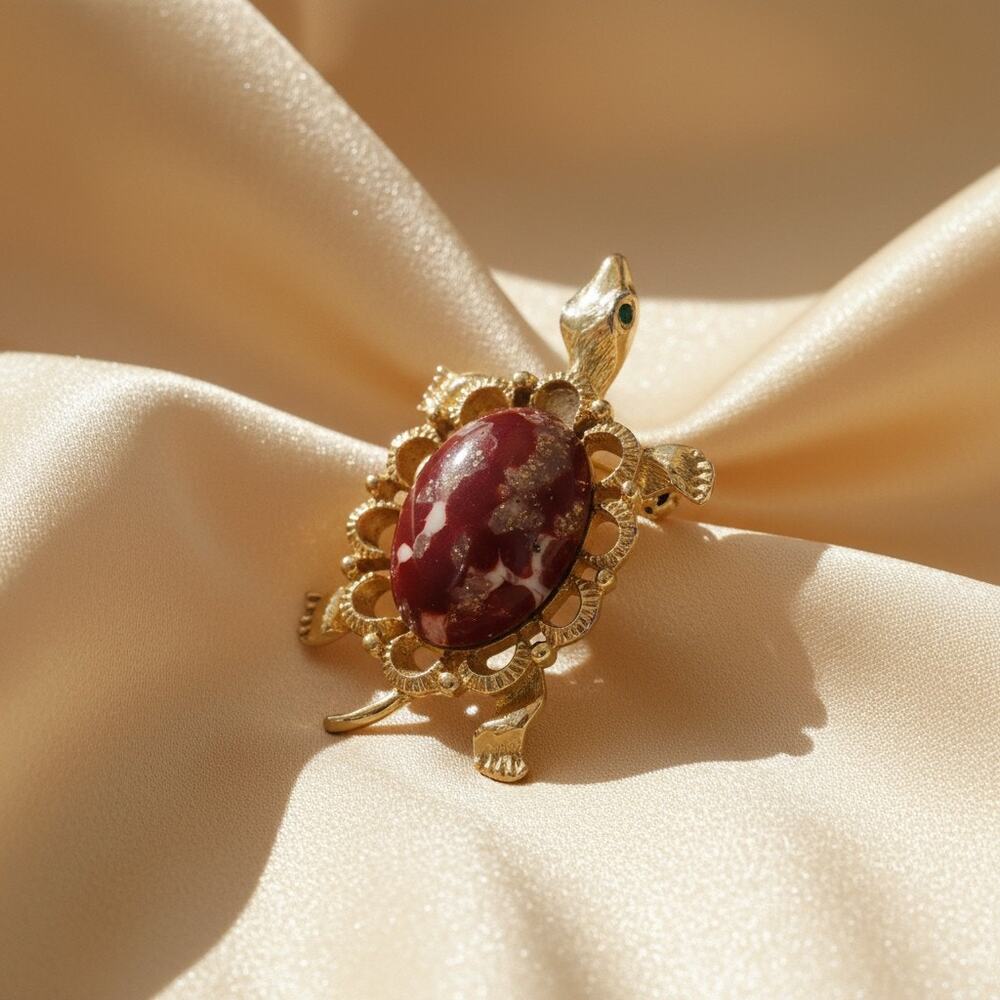 Vintage Turtle Brooch-Thermoset Faux Jasper-Gold Tone-Green Rhinestone Eyes-Pin